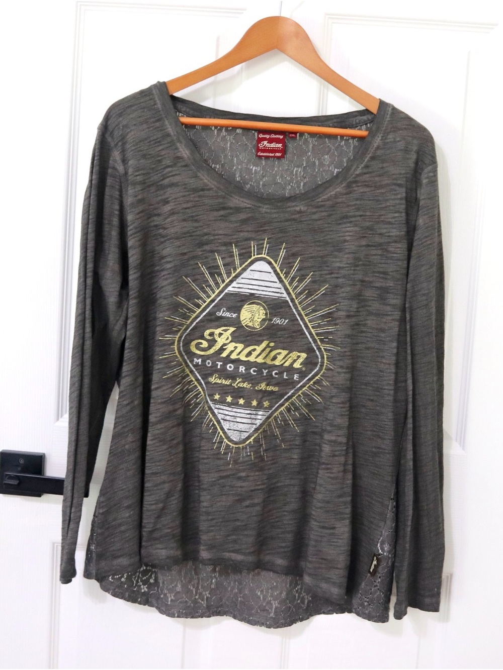 Indian motorcycle scoop neck lace top charcoal gray bikercore,Indy, logo, summer